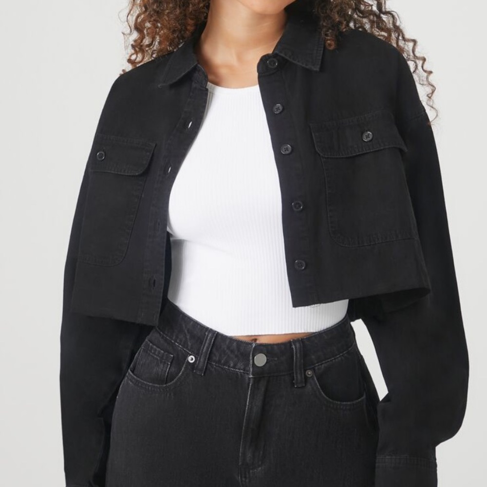Cropped Black Cotton Raw-Cut Long Sleeve Shirt Jacket Top size 2X NWT - Picture 1 of 7